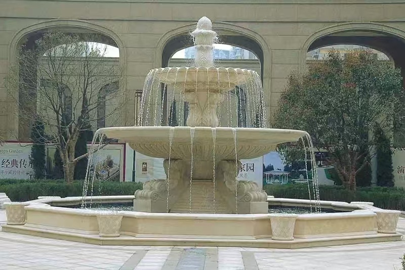 长春 黄金麻花岗岩异型加工——户外庭院石雕流水喷泉